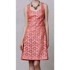Anthropologie Maeve Eyelet Dress Efeey Shimmer Floral Coral Pink